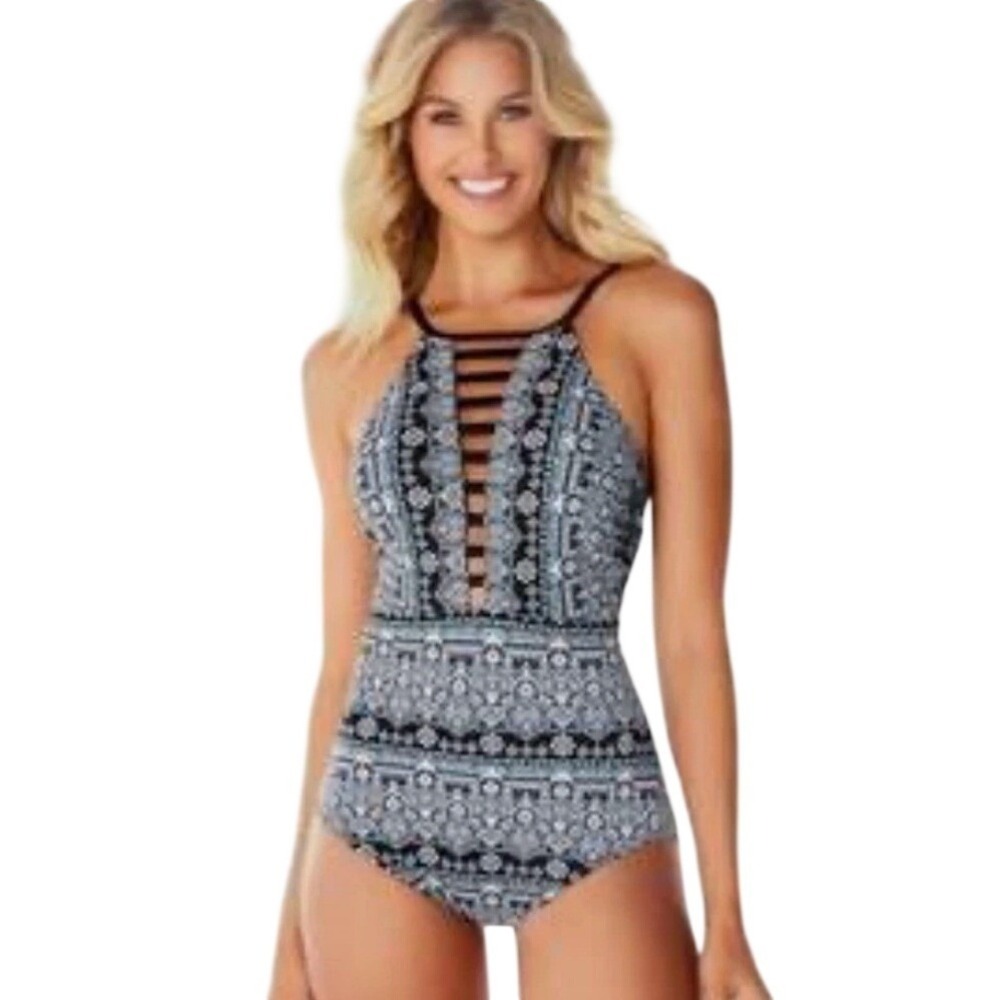 Dreamsuit Womens High Neck Strappy‎ One Piece Swimsuit Boho Black White 12